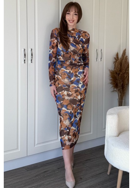 Drapeli Uzun Kol Karışık Desenli Midi Tül Elbise fırsatları