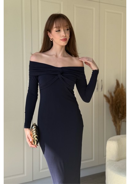 Omuz Detaylı Vücudu Saran Midi Lacivert Elbise fiyatları