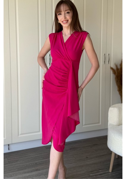 Fırfır Detaylı Kruvaze Yaka Midi Pembe Elbise modelleri