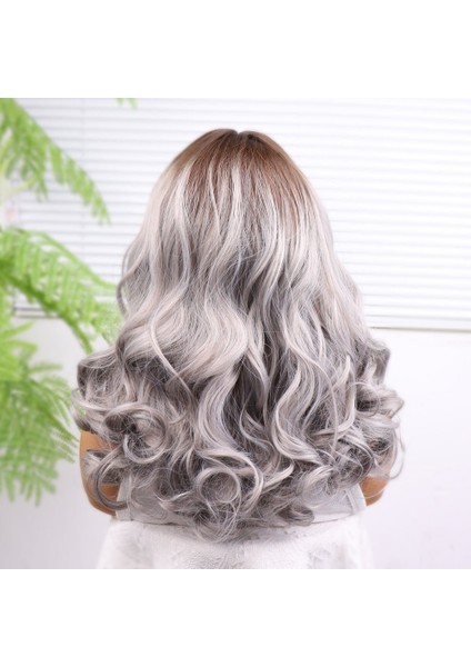 Açık Kumral Gri Ombreli Bebek Saçlı Geniş Dalgalı Fiber Sentetik Tül Peruk indirimleri
