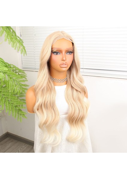 Açık Rus Kumralı Beyaz Platin Ombre Fiber Sentetik Tül Peruk modelleri