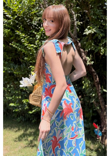 Sırt Detaylı Mavi Desenli Midi Elbise