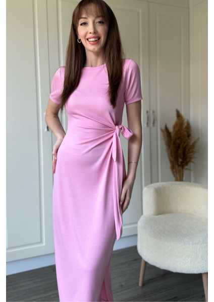 Bağlamalı Pembe Midi Modal Elbise indirimleri