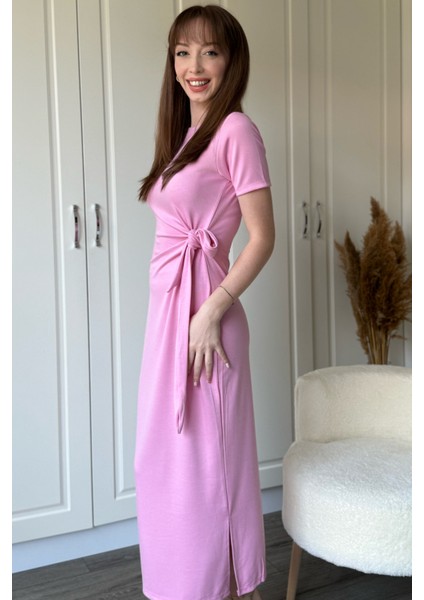 Bağlamalı Pembe Midi Modal Elbise