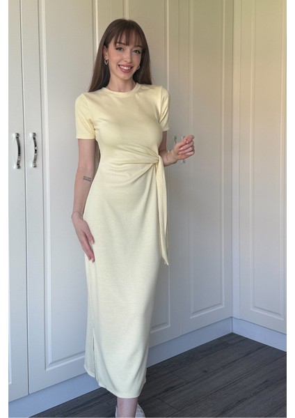 Bağlamalı Midi Modal Sarı Elbise