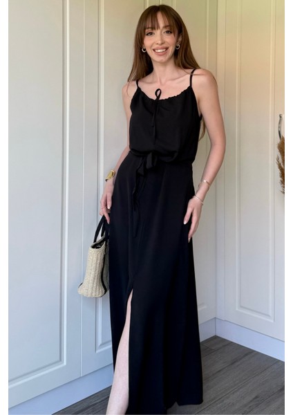 Önden Yırtmaçlı Viskon Siyah Elbise