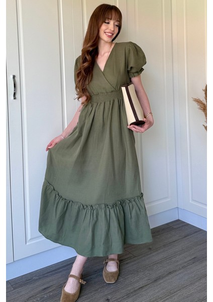 Müslin Kumaş Kısa Kol Midi Haki Elbise indirimleri