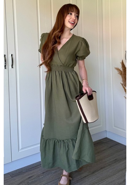 Müslin Kumaş Kısa Kol Midi Haki Elbise