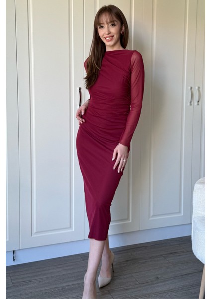 Drapeli Uzun Kollu Bordo Tül Elbise fırsatları