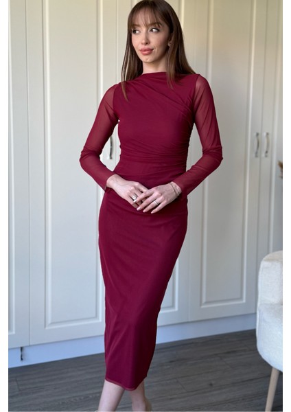 Drapeli Uzun Kollu Bordo Tül Elbise