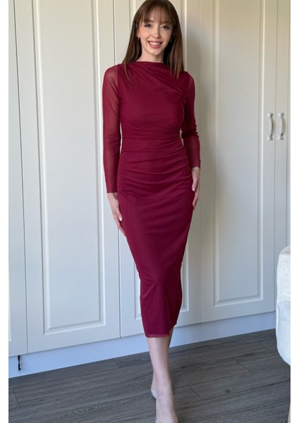 Drapeli Uzun Kollu Bordo Tül Elbise