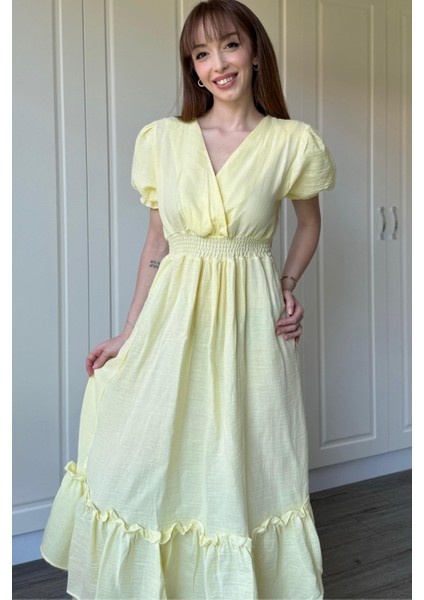 Sarı Müslin Kumaş Kısa Kol Elbise fırsatları