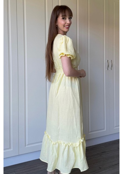 Sarı Müslin Kumaş Kısa Kol Elbise indirimleri