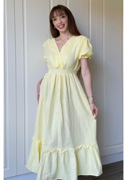 Sarı Müslin Kumaş Kısa Kol Elbise