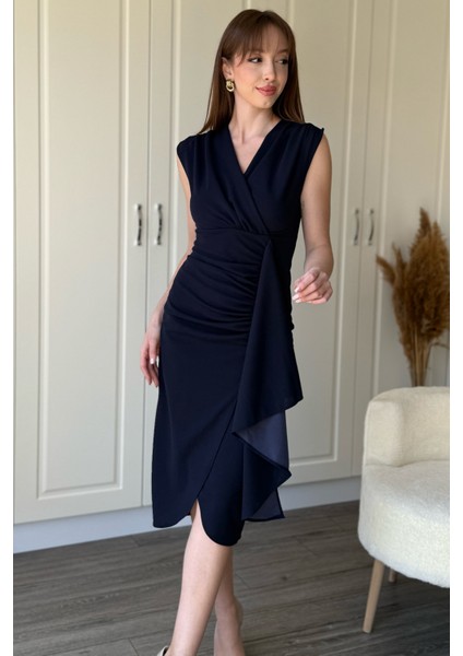 Fırfır Detaylı Kruvaze Yaka Midi Lacivert Elbise fiyatları