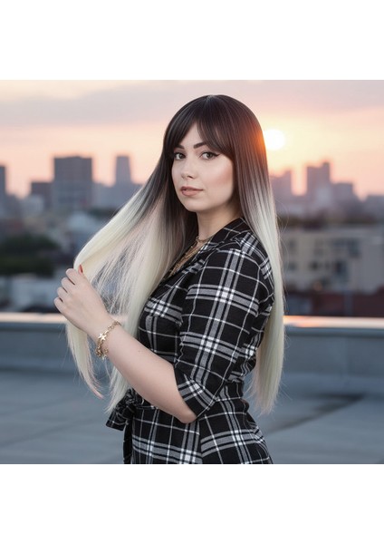 Fiber Sentetik Uzun Düz Kahküllü Peruk / Küllü Siyah / Platin Ombreli