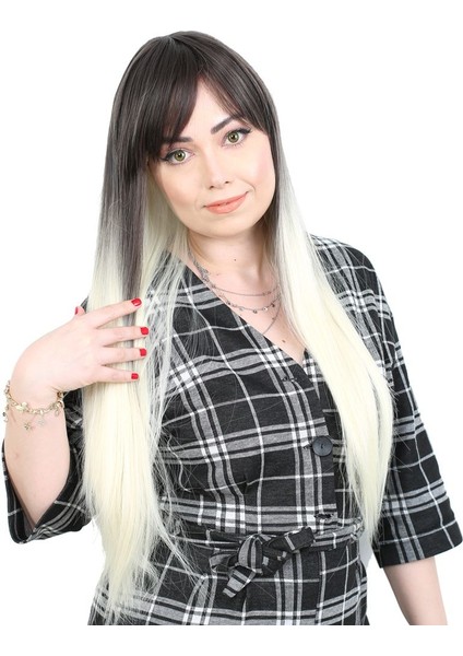 Fiber Sentetik Uzun Düz Kahküllü Peruk / Küllü Siyah / Platin Ombreli fiyatları