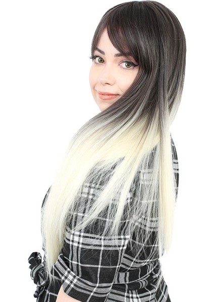 Fiber Sentetik Uzun Düz Kahküllü Peruk / Küllü Siyah / Platin Ombreli fırsatları