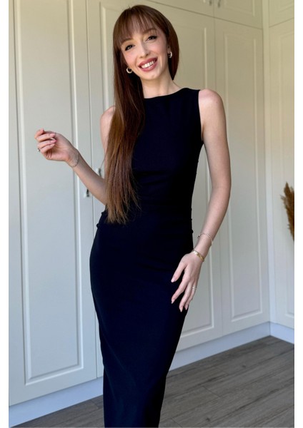 Drapeli Midi Lacivert Elbise