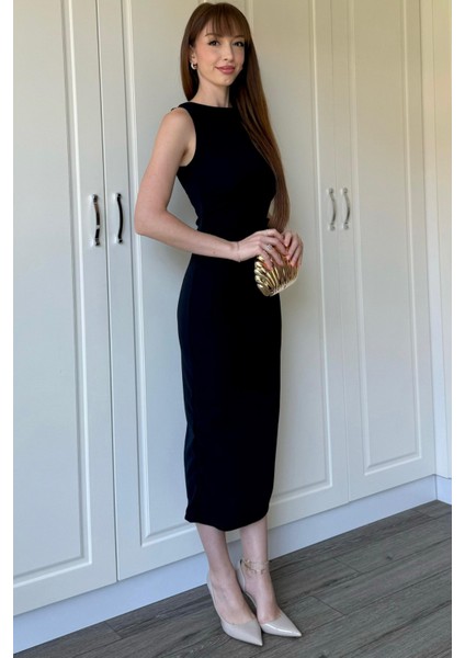 Drapeli Midi Lacivert Elbise