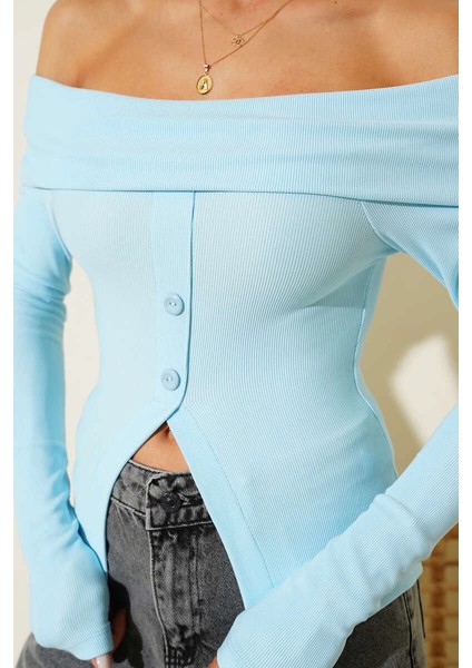 Madonna Yaka Düğmeli Bluz Mavi fırsatları