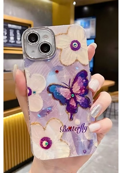 iPhone 13 Kılıf Renk Geçişli Taşlı Kamera Lens Korumalı Simli Butterfly Desenli Darbe Emici Kapak