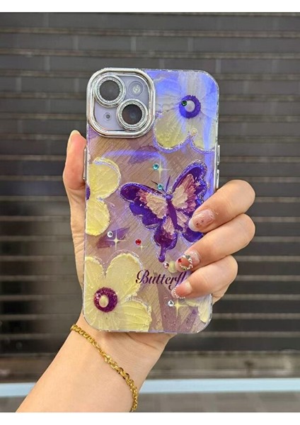 iPhone 13 Kılıf Renk Geçişli Taşlı Kamera Lens Korumalı Simli Butterfly Desenli Darbe Emici Kapak modelleri