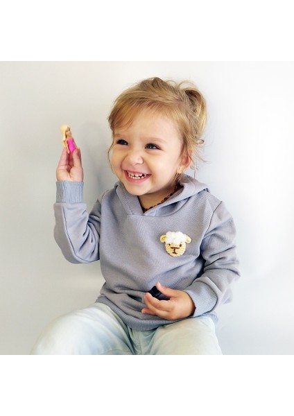 Çocuk Sweatshirt Kapüşonlu / Gri / Kuzu Kafa Figürlü