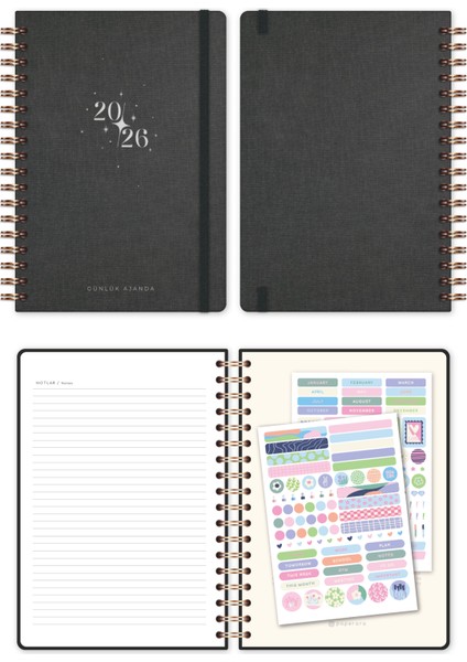 2026 Spiralli Günlük Ajanda 12 Aylık Kir ve Suya Dayanıklı Sert Kapak Füme