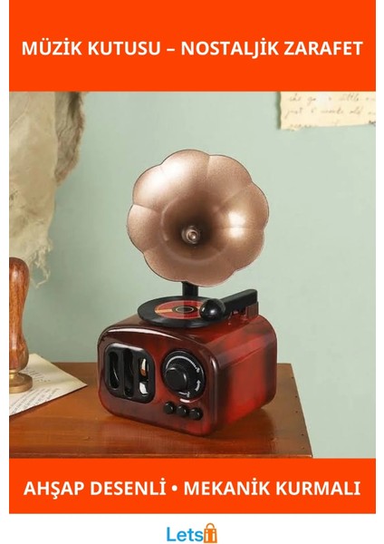 Ahşap Retro Görünümlü Gramofon Müzik Kutusu