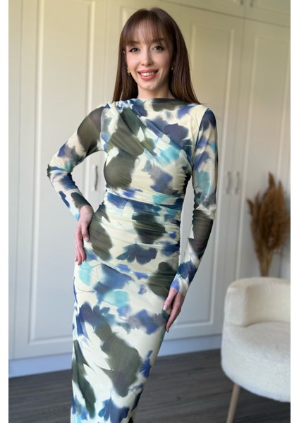 Drapeli Uzun Kollu Desenli Tül Elbise indirimleri