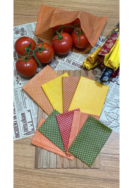 9’lu Puantiye Desenli Kumaş Tekrar Kullanılabilen Doğal Balmumlu (Balmumu) Gıda Saklama Bezi modelleri