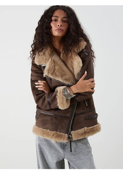 Xsıde Loose/bol Kesim Kürk Yaka Süet Görünümlü Kahverengi Kadın Mont