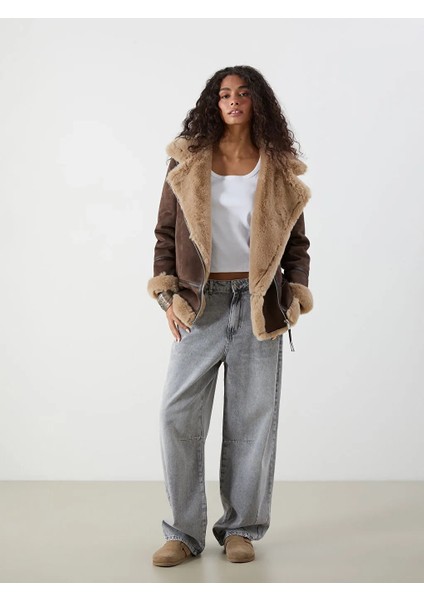 Xsıde Loose/bol Kesim Kürk Yaka Süet Görünümlü Kahverengi Kadın Mont fiyatları