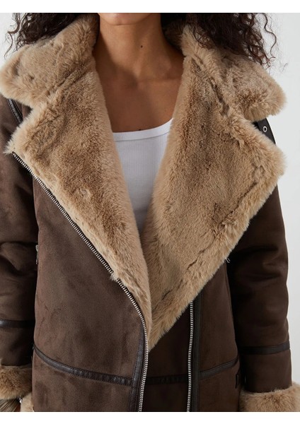 Xsıde Loose/bol Kesim Kürk Yaka Süet Görünümlü Kahverengi Kadın Mont fırsatları