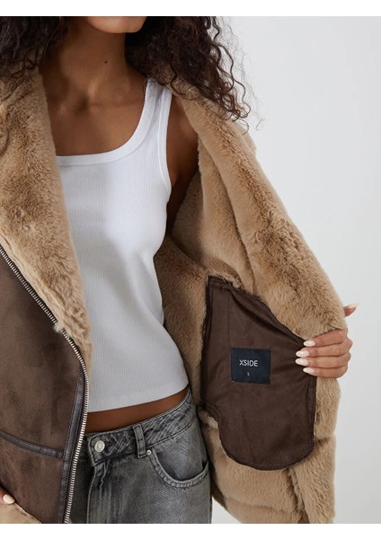 Xsıde Loose/bol Kesim Kürk Yaka Süet Görünümlü Kahverengi Kadın Mont indirimleri