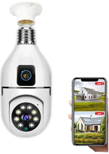 Buğz Çift Lensli Duy Girişli Kablosuz Ampul Kamera