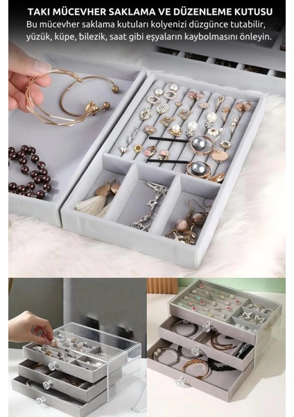 Buğz Modern Gri 3 Çekmeceli Takı Bijuteri Mücevher Kutusu Organizer Düzenleyici Şeffaf 13 x 23 x 10 cm fırsatları