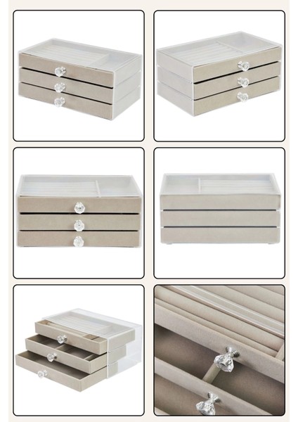 Buğz Modern Gri 3 Çekmeceli Takı Bijuteri Mücevher Kutusu Organizer Düzenleyici Şeffaf 13 x 23 x 10 cm