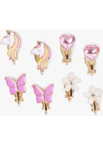 Çelik Karışımlı Unicorn Kalp Taşlı Çok Renkli Klipsli 4'lü Küpe Seti