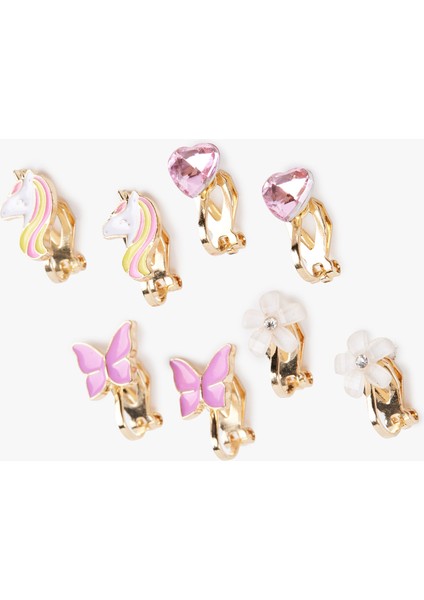Çelik Karışımlı Unicorn Kalp Taşlı Çok Renkli Klipsli 4'lü Küpe Seti fiyatları