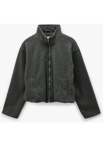 Dik Yaka Uzun Kollu Cepli Fermuarlı Oversize Bomber Ceket