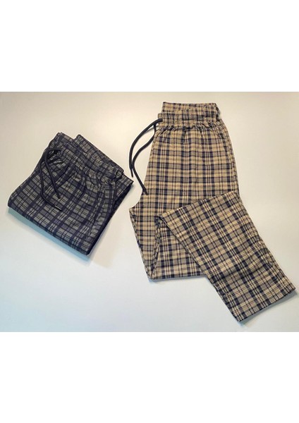 Saf Pamuk Ekose Desenli Cepli 2'li Erkek Pijama Altı ( Unisex Tek Alt Pijama )