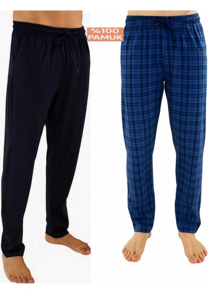 Erkek Pamuklu Indigo Ekose -Lacivert 2'li Tek Alt Pijama - Mevsimlik Pijama Altı