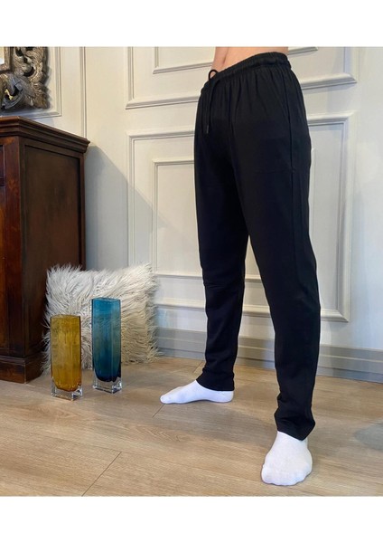 Erkek Siyah Düz Paça Penye %100 Pamuklu Standart Fit Pijama Altı Normal Kesim Beli Lastikli Cepli