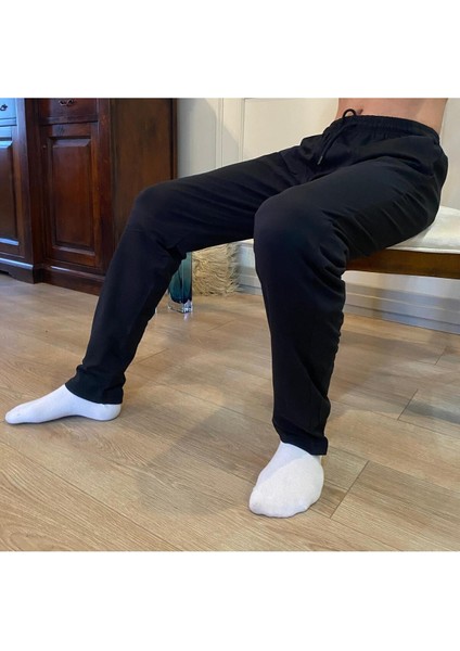 Erkek Siyah Düz Paça Penye %100 Pamuklu Standart Fit Pijama Altı Normal Kesim Beli Lastikli Cepli fiyatları