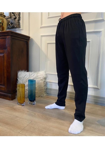 Erkek Siyah Düz Paça Penye %100 Pamuklu Standart Fit Pijama Altı Normal Kesim Beli Lastikli Cepli modelleri
