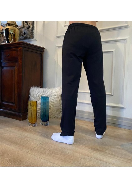 Erkek Siyah Düz Paça Penye %100 Pamuklu Standart Fit Pijama Altı Normal Kesim Beli Lastikli Cepli fırsatları