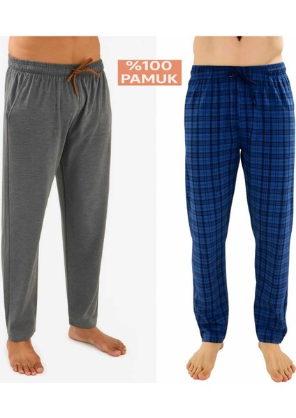 Erkek Pamuklu Indigo Ekose -Antrasit 2'li Tek Alt Pijama - Mevsimlik Pijama Altı