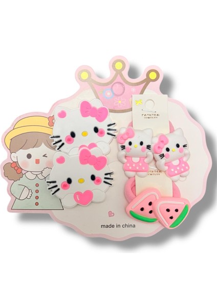 Kitty ve Meyve Figürlü Karışık Pembe ve Beyaz Renkli 6'lı Kız Çocuk Set Toka